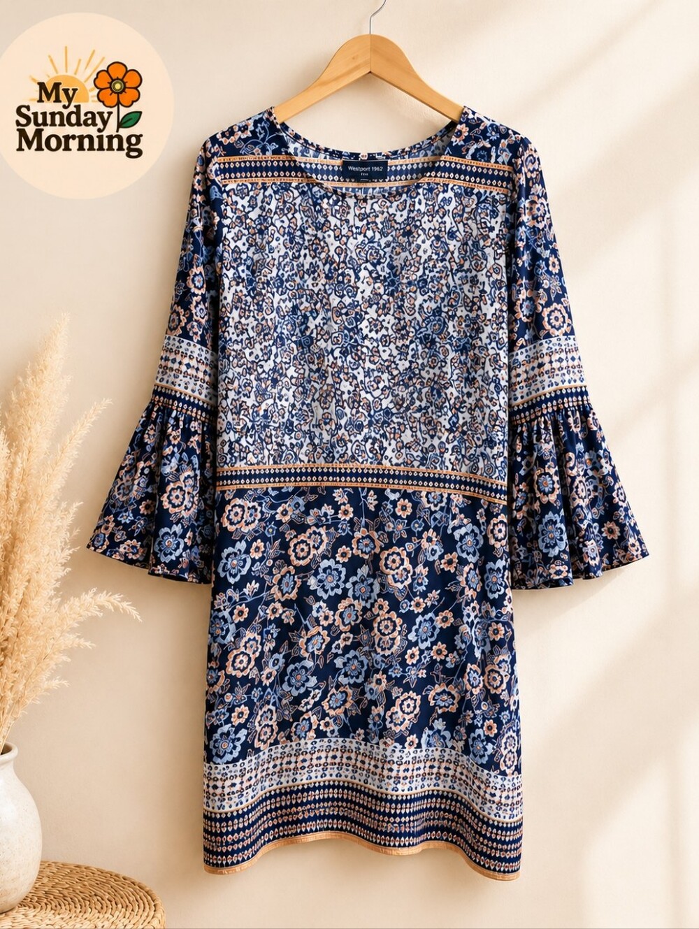 Westport 1962 XL Floral Bell Sleeve Boho Midi Dress Navy Blue White Pockets